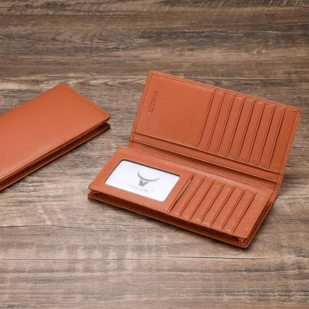 Men's Dark Tan Full Grain Leather Long Bifold Wallet Credit Card Slots Style